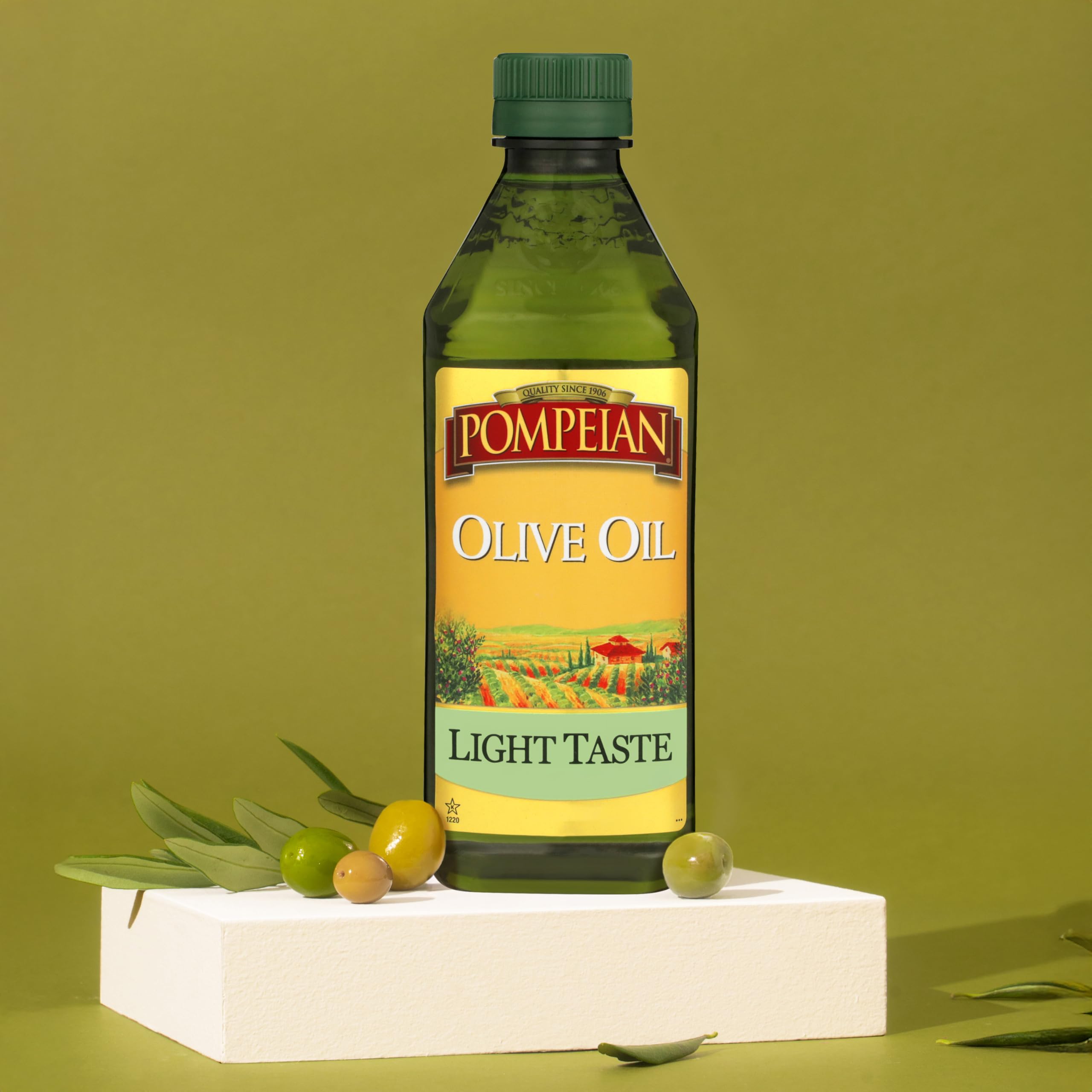 Certification badge and Pompeian bottle signal non-GMO and NAOOA authenticity