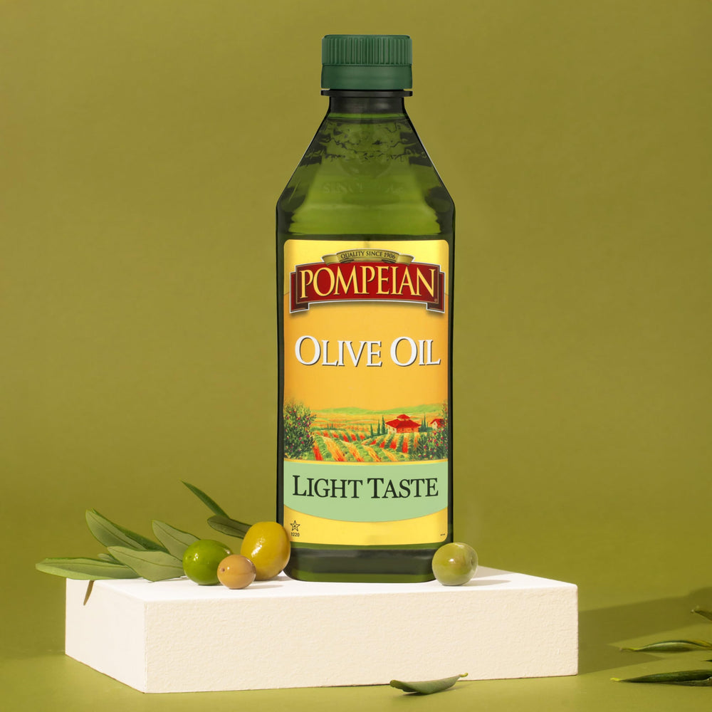 Certification badge and Pompeian bottle signal non-GMO and NAOOA authenticity
