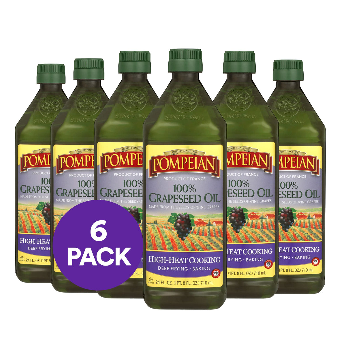 Pompeian Grapeseed Oil bottle shows France-origin seeds for versatile cooking.