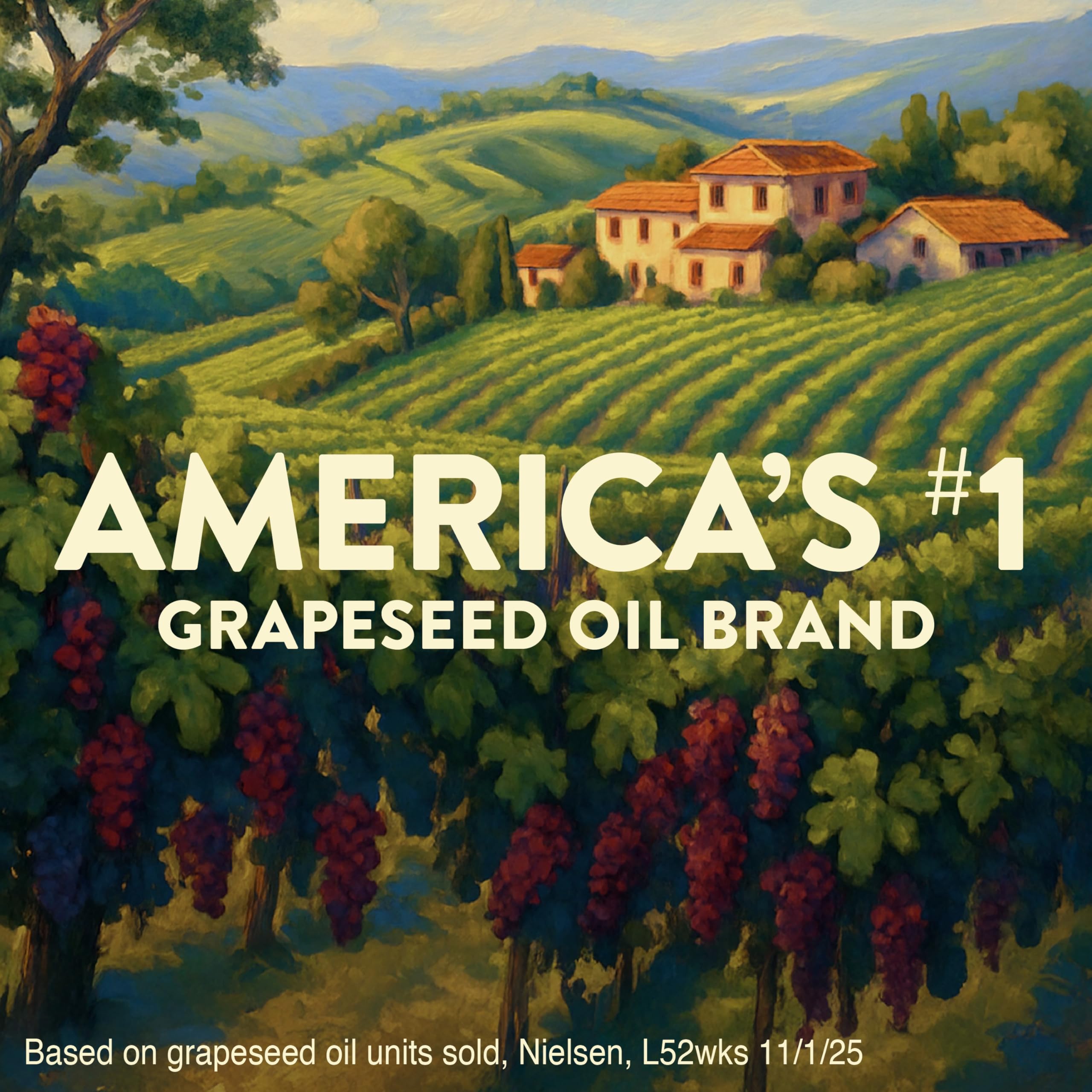 Vitamin E close-up on Pompeian Grapeseed Oil emphasizes nutrient.