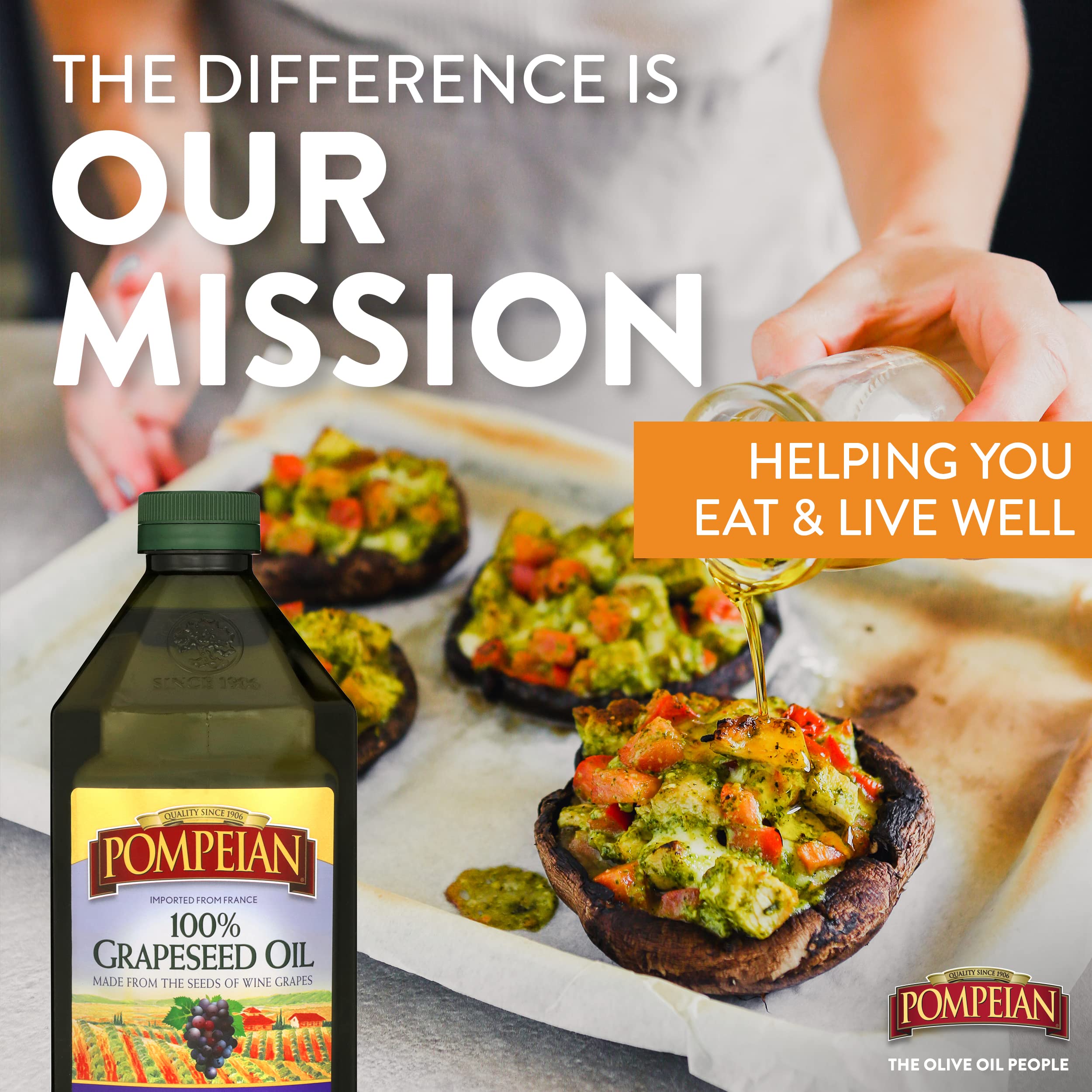 Kitchen scene featuring Pompeian Grapeseed Oil on the counter.