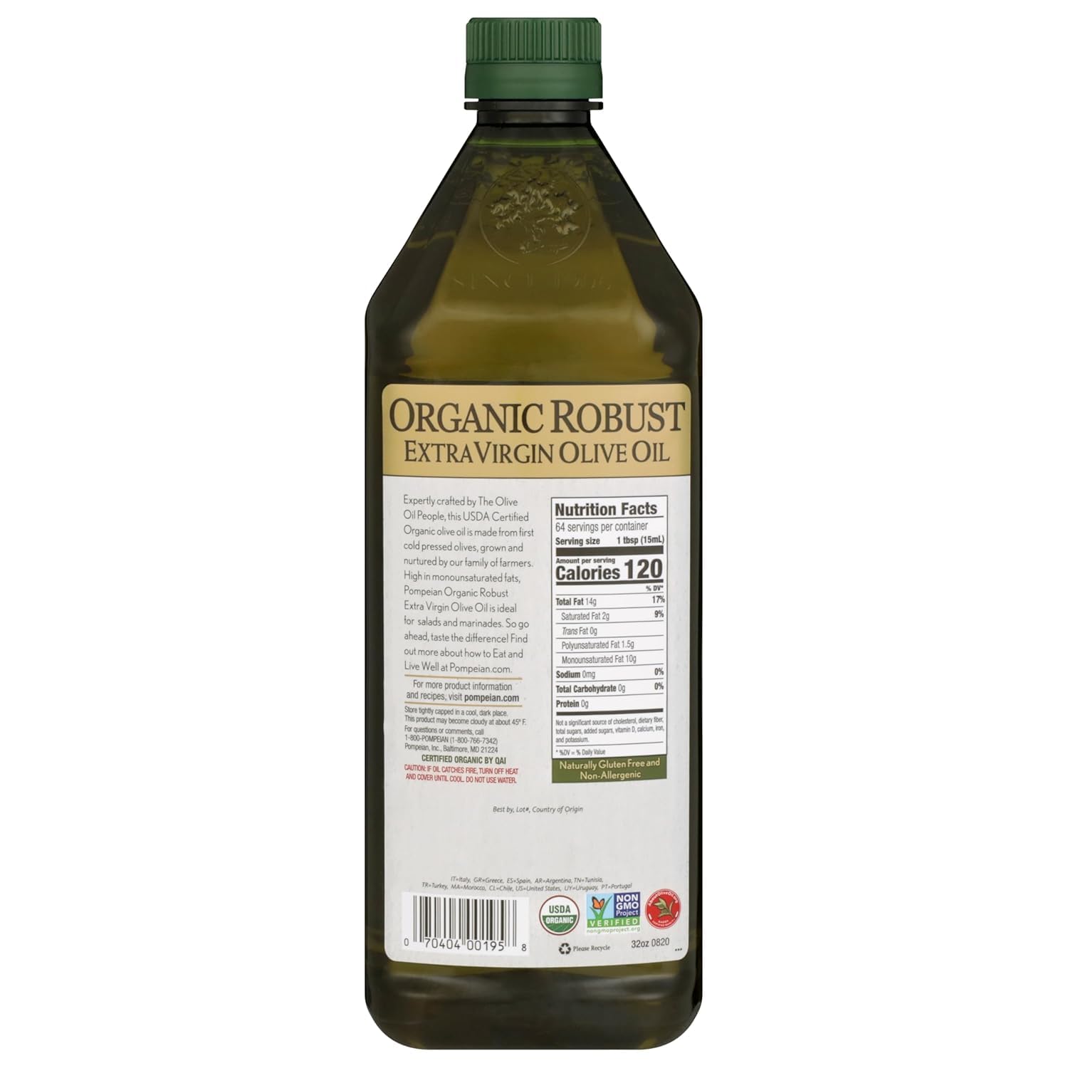 Pompeian Organic Robust EVOO glass bottle tilted, perfect for pouring marinades.