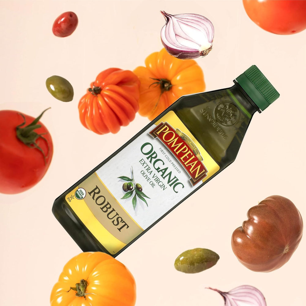 Pompeian Organic Robust EVOO bottle in use, enhances everyday meals.