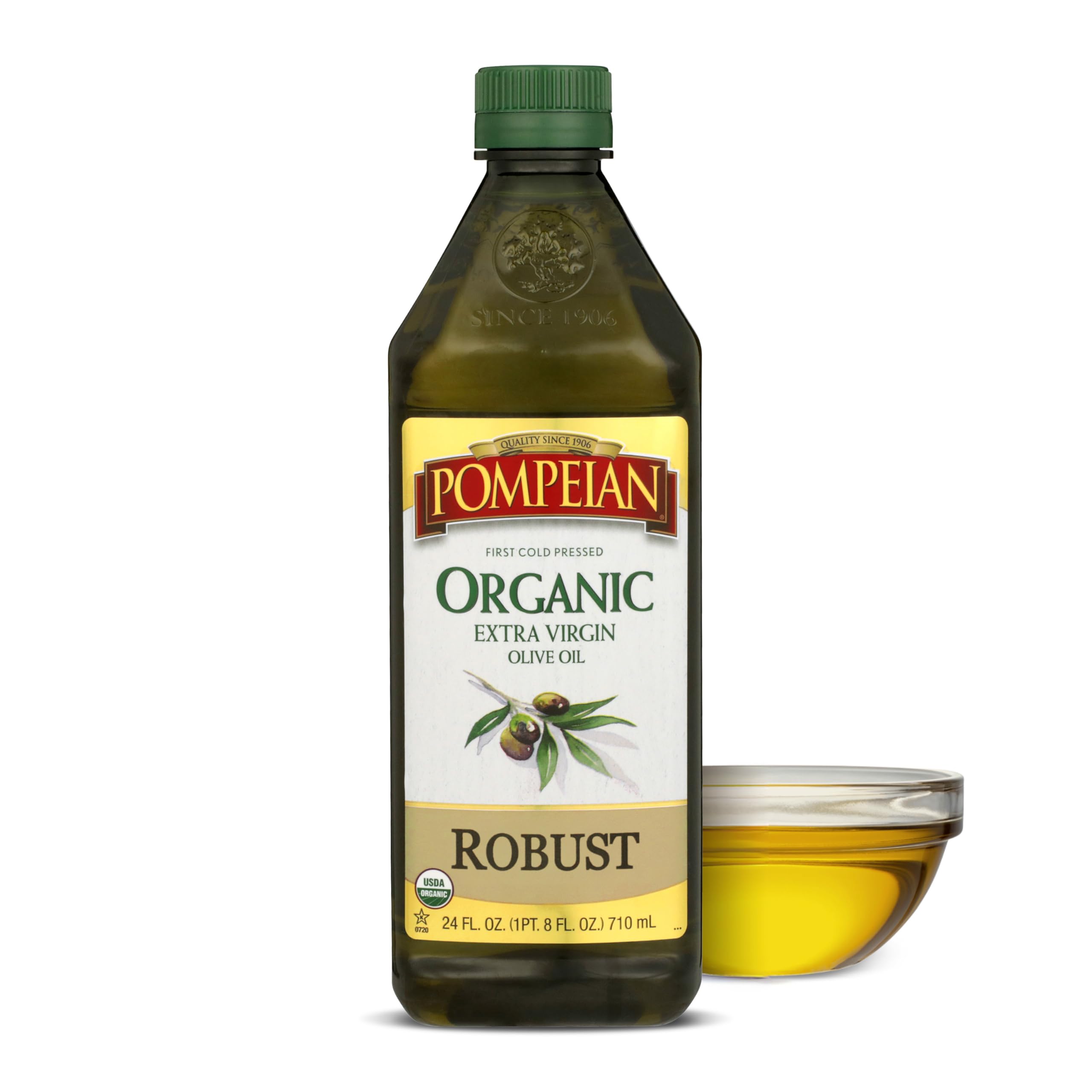 Pompeian Organic Robust EVOO bottle pour for crisp salads and marinades.