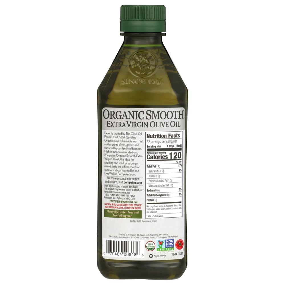 Closeup of Pompeian Organic Smooth EVOO label with organic certification and quality.