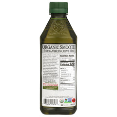 Closeup of Pompeian Organic Smooth EVOO label with organic certification and quality.