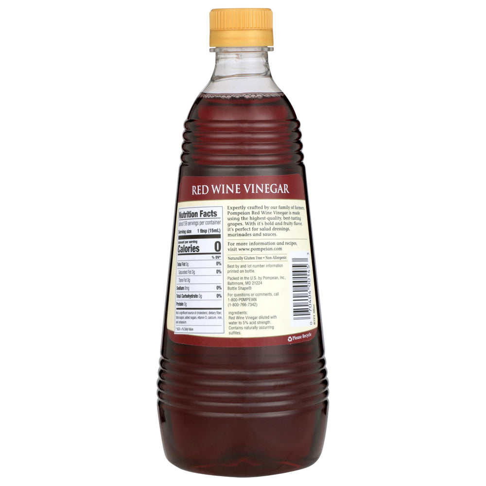 Pompeian Red Wine Vinegar bottle next to olive oil.