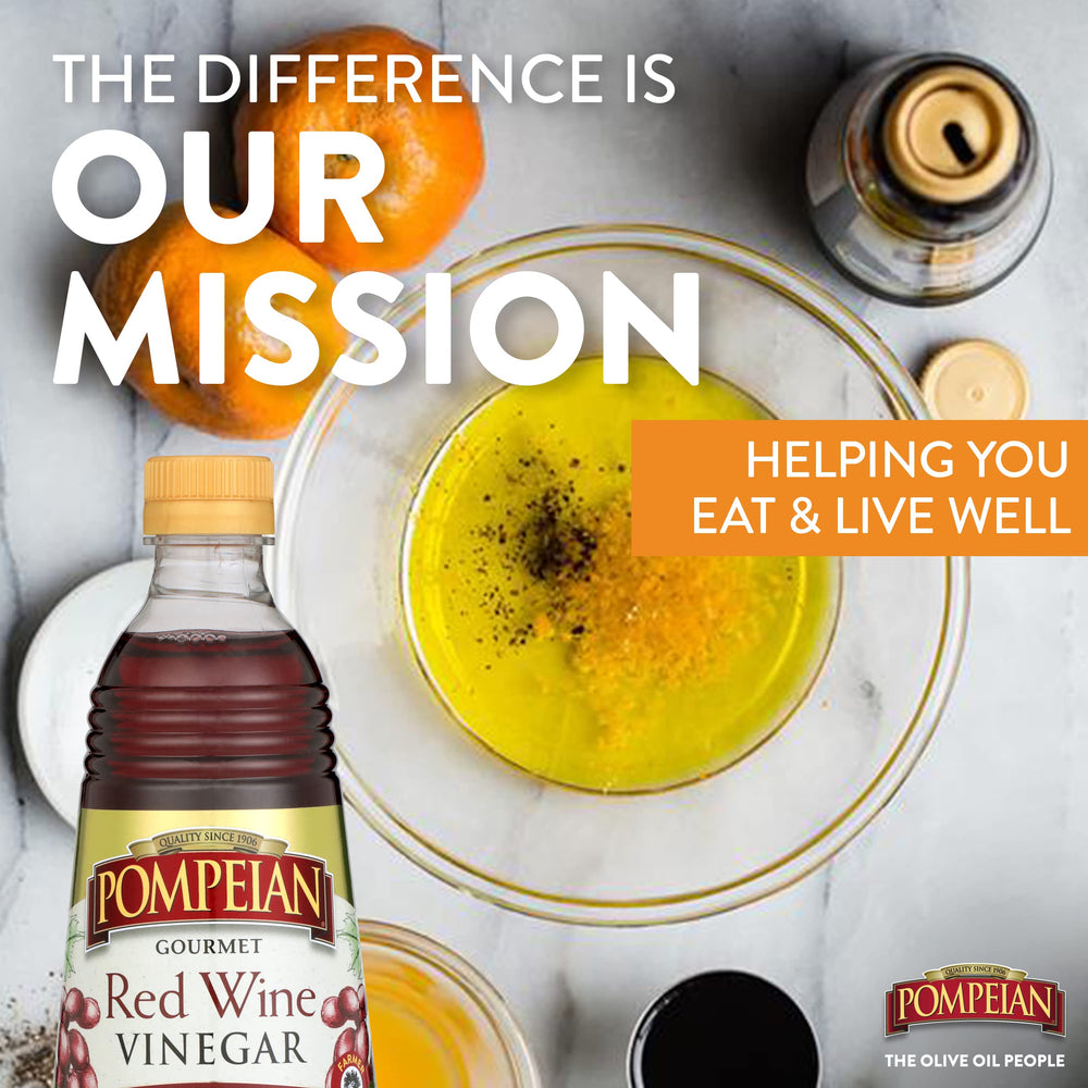 Pompeian Red Wine Vinegar glass bottle showing BPA-free packaging.