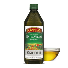 Pompeian Smooth EVOO bottle pour for versatile sautéing and finishing.