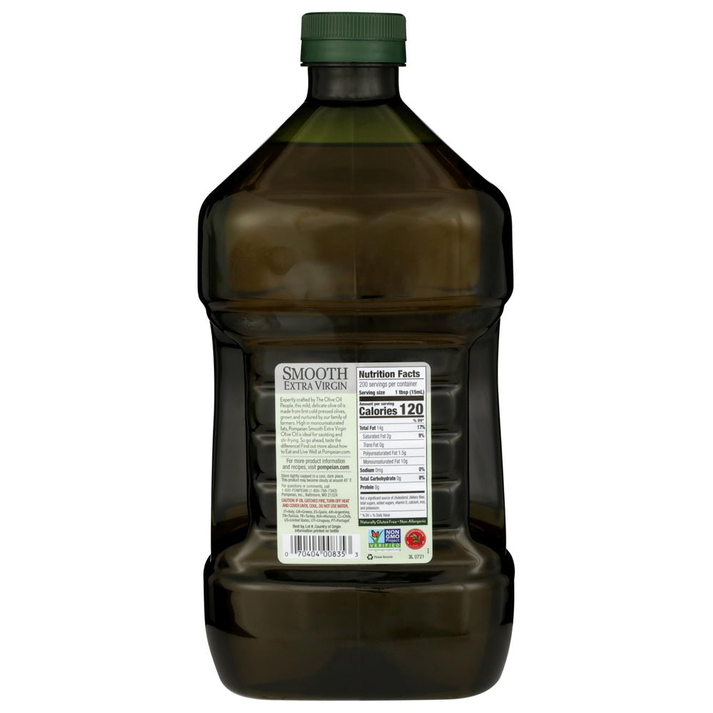 Pompeian Smooth EVOO glass bottle close-up shows premium quality and color.