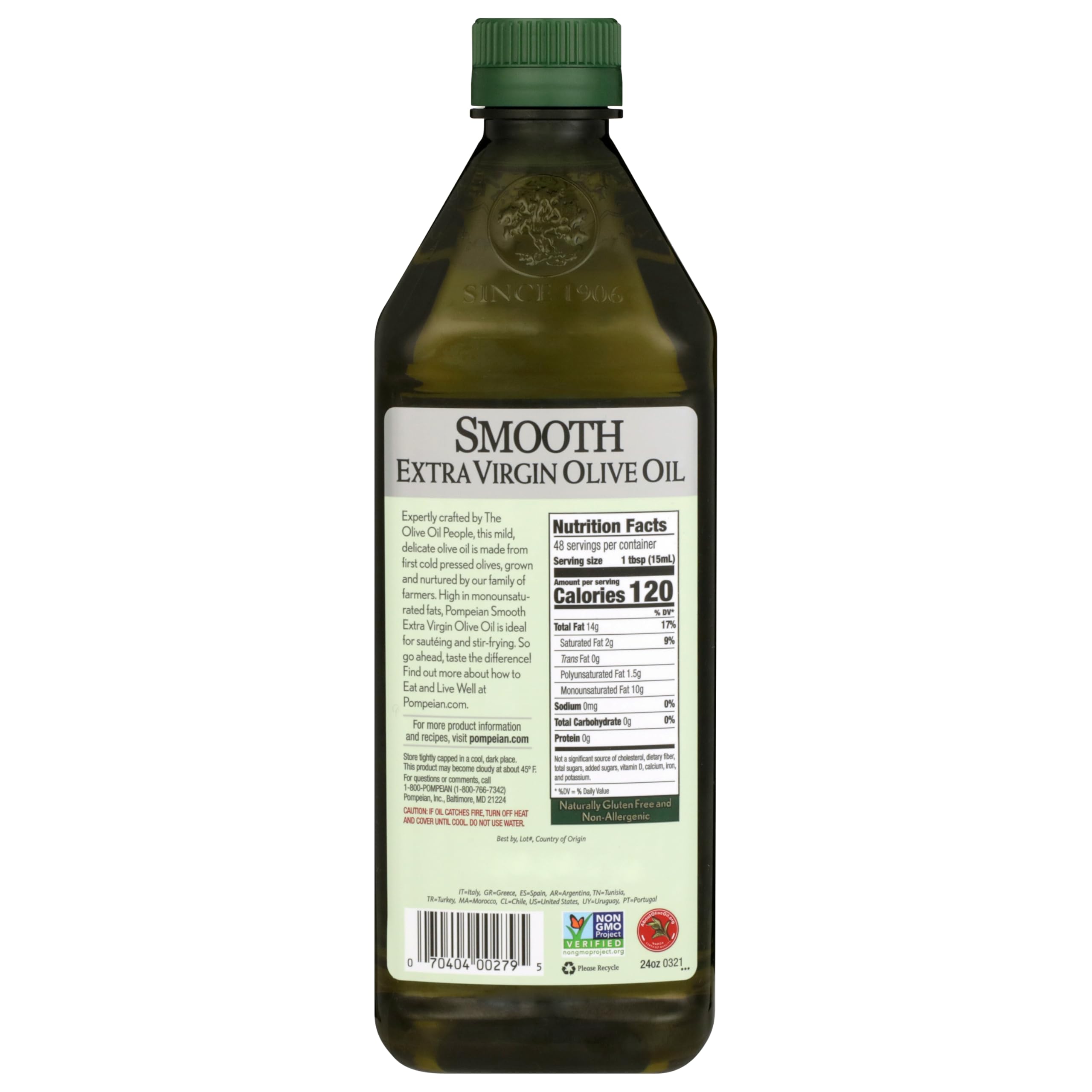 Pompeian Smooth EVOO glass bottle hero emphasizing rich, delicate flavor.