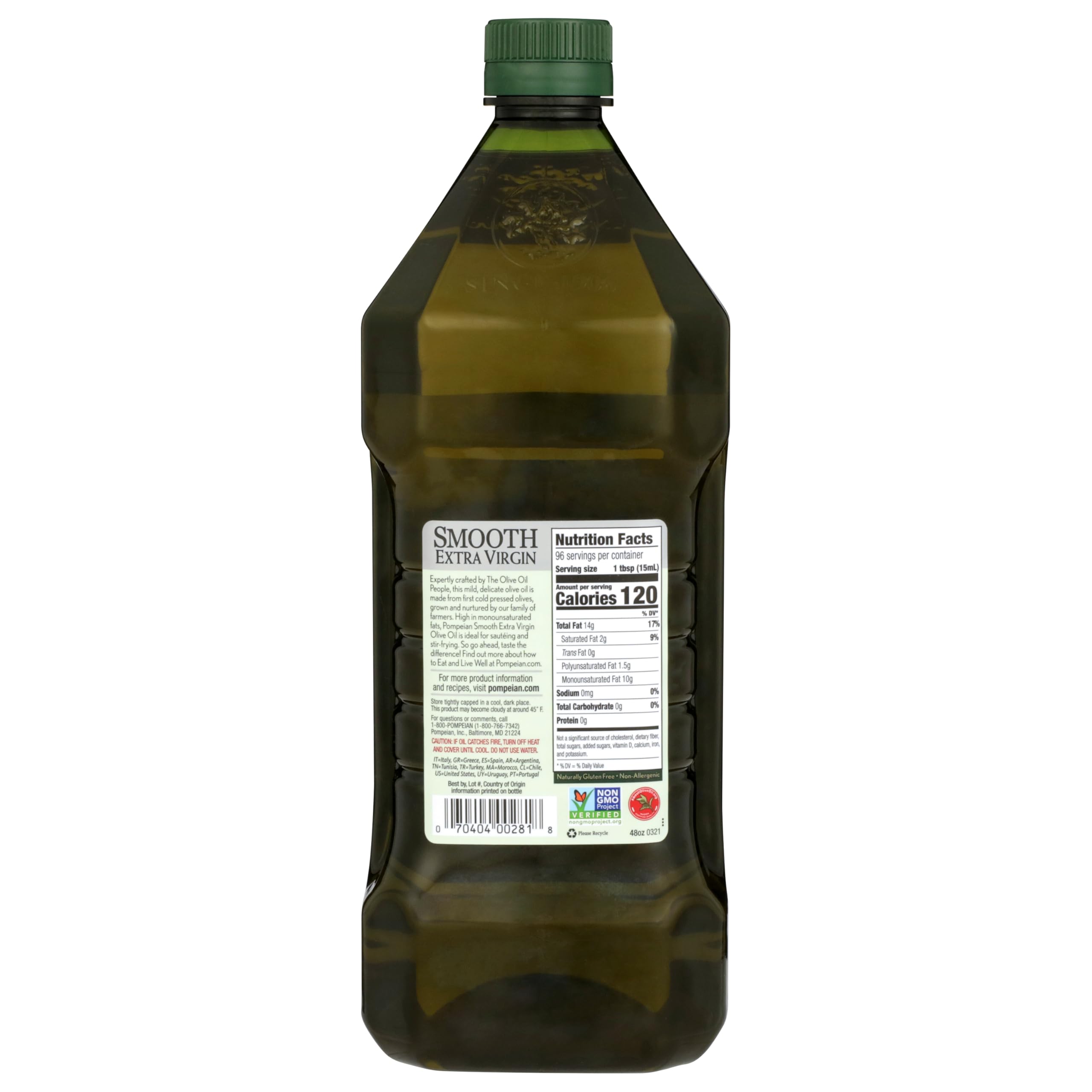 Pompeian Smooth EVOO label closeup highlighting authenticity and polyphenol content