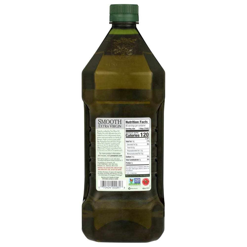 Pompeian Smooth EVOO label closeup highlighting authenticity and polyphenol content