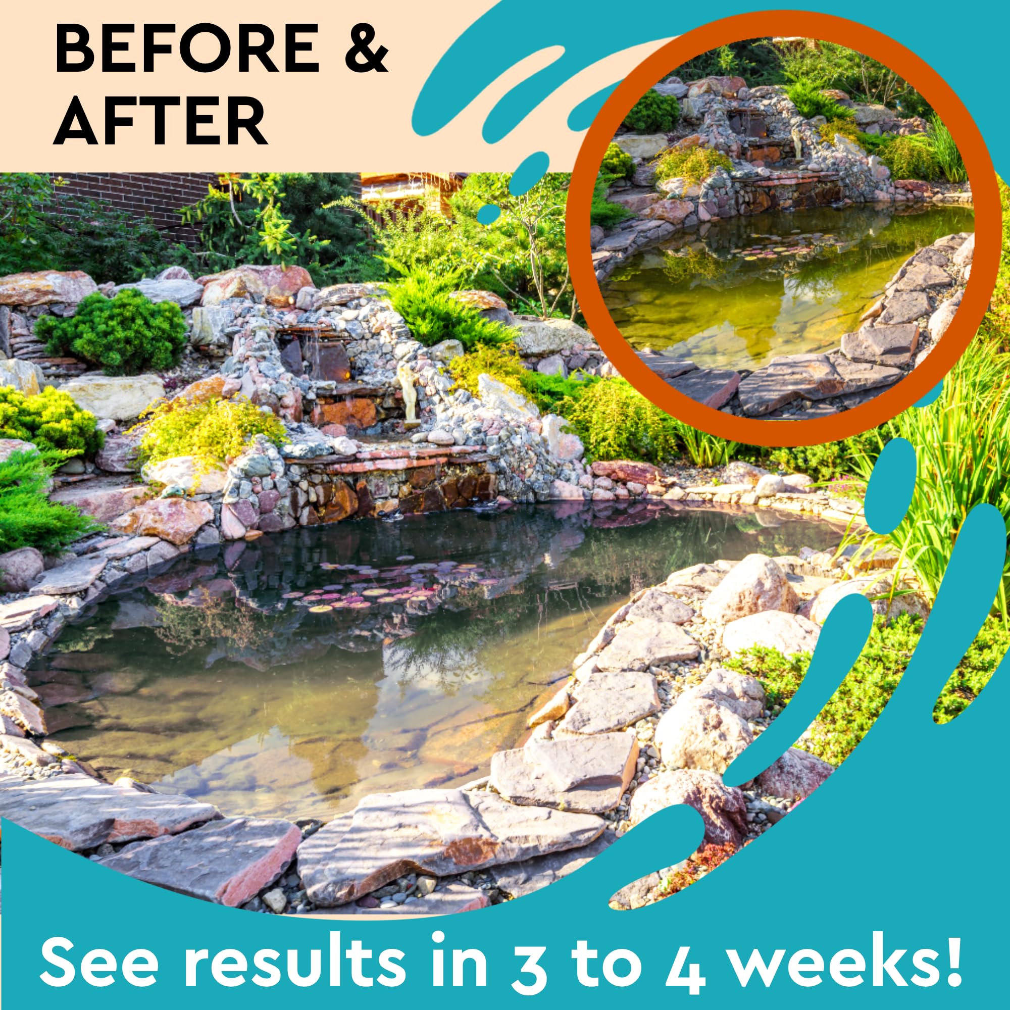 PondBliss-treated fountain water appears algae-free for improved aesthetics.