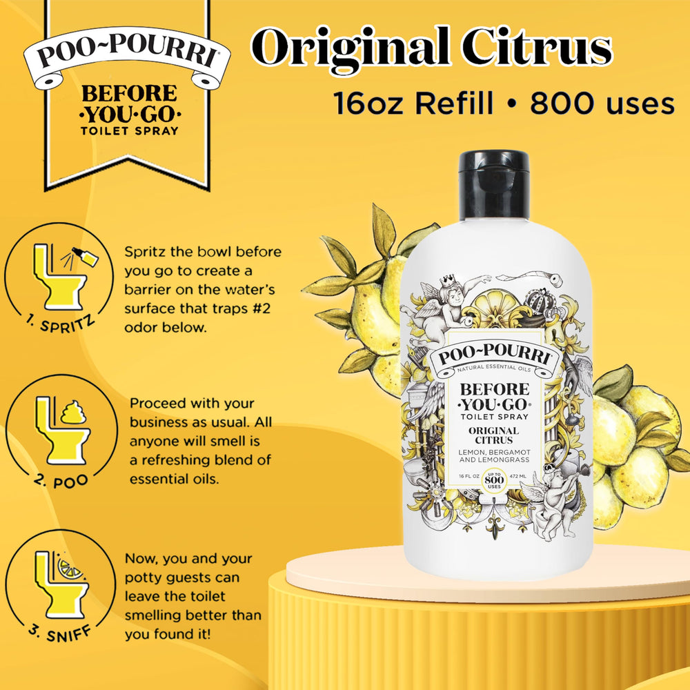 Poo-Pourri bottle front view highlighting a compact, space-saving design.
