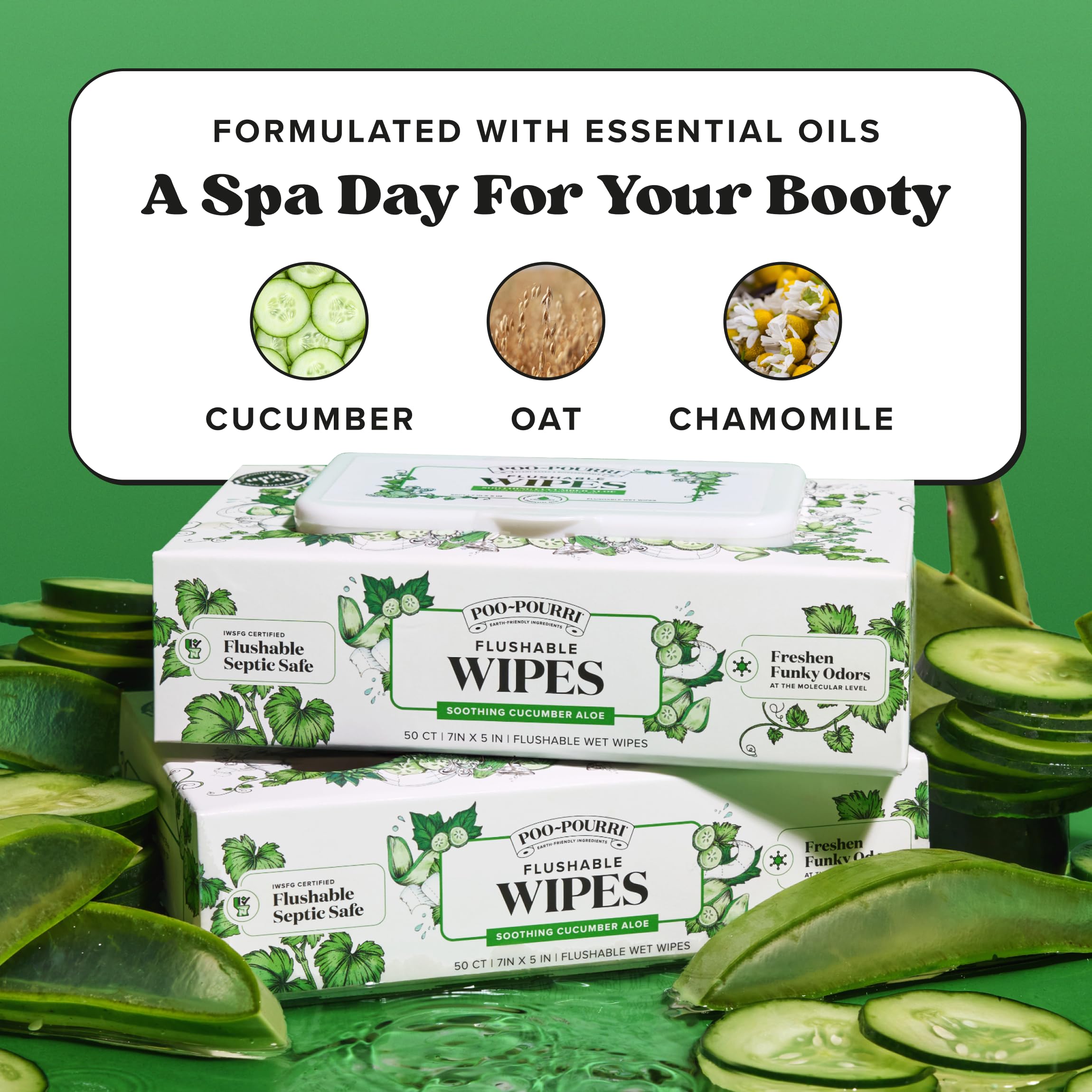 Poo-Pourri flushable wipes fragrance-free label indicating skin-friendly use.