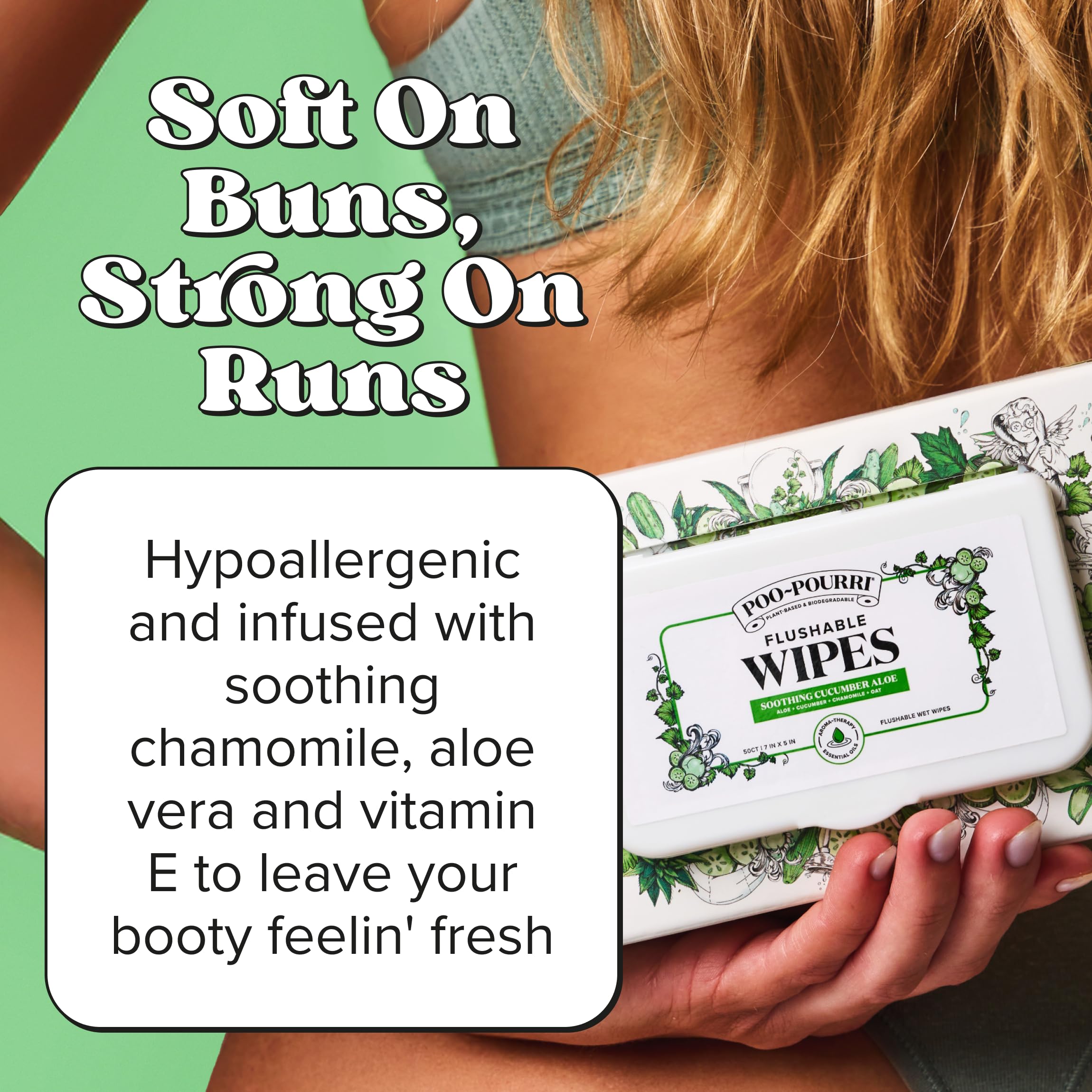Poo-Pourri flushable wipes packaging design emphasizing sustainability and vegan credentials.