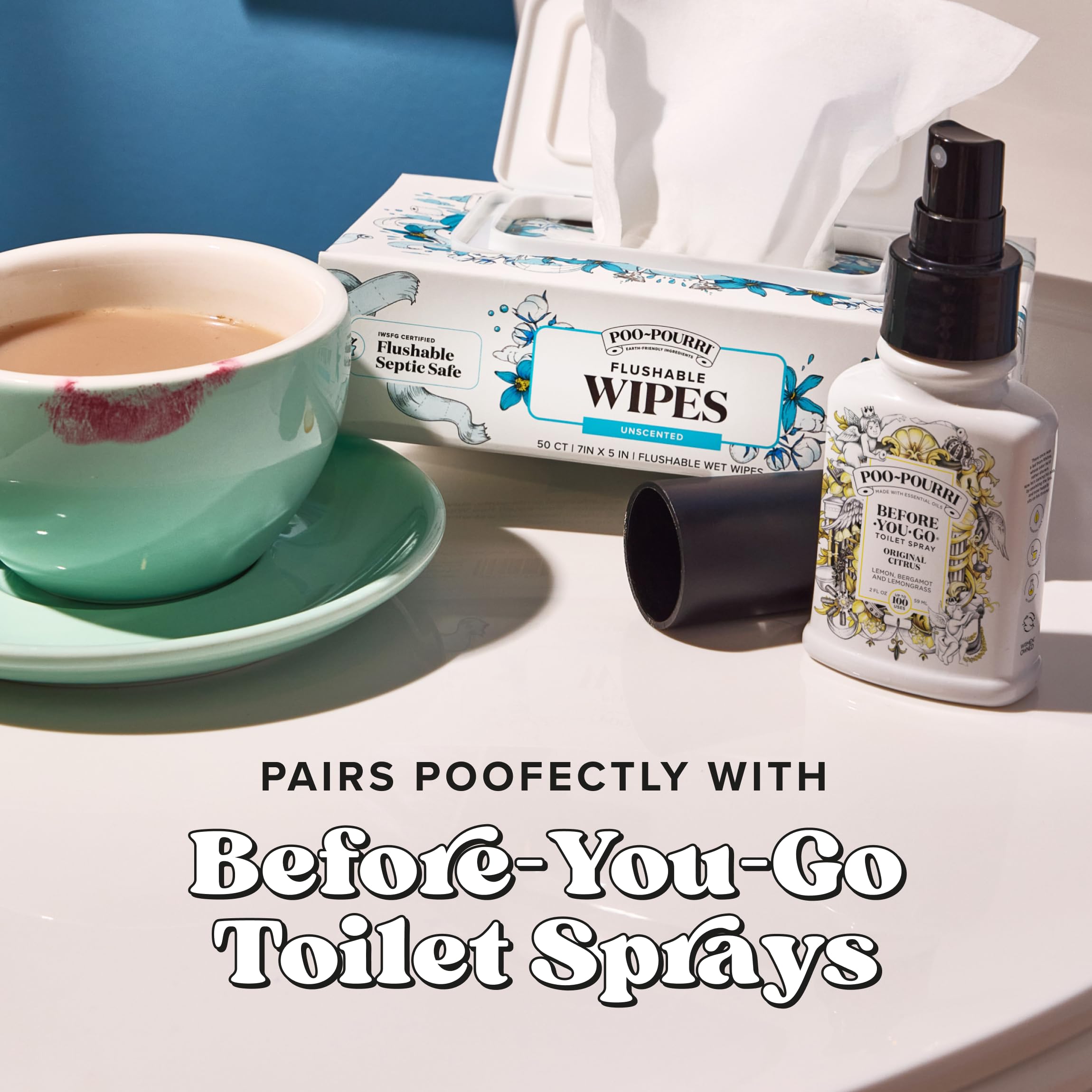 Poo-Pourri flushable wipes septic-safe claim on box for responsible disposal.