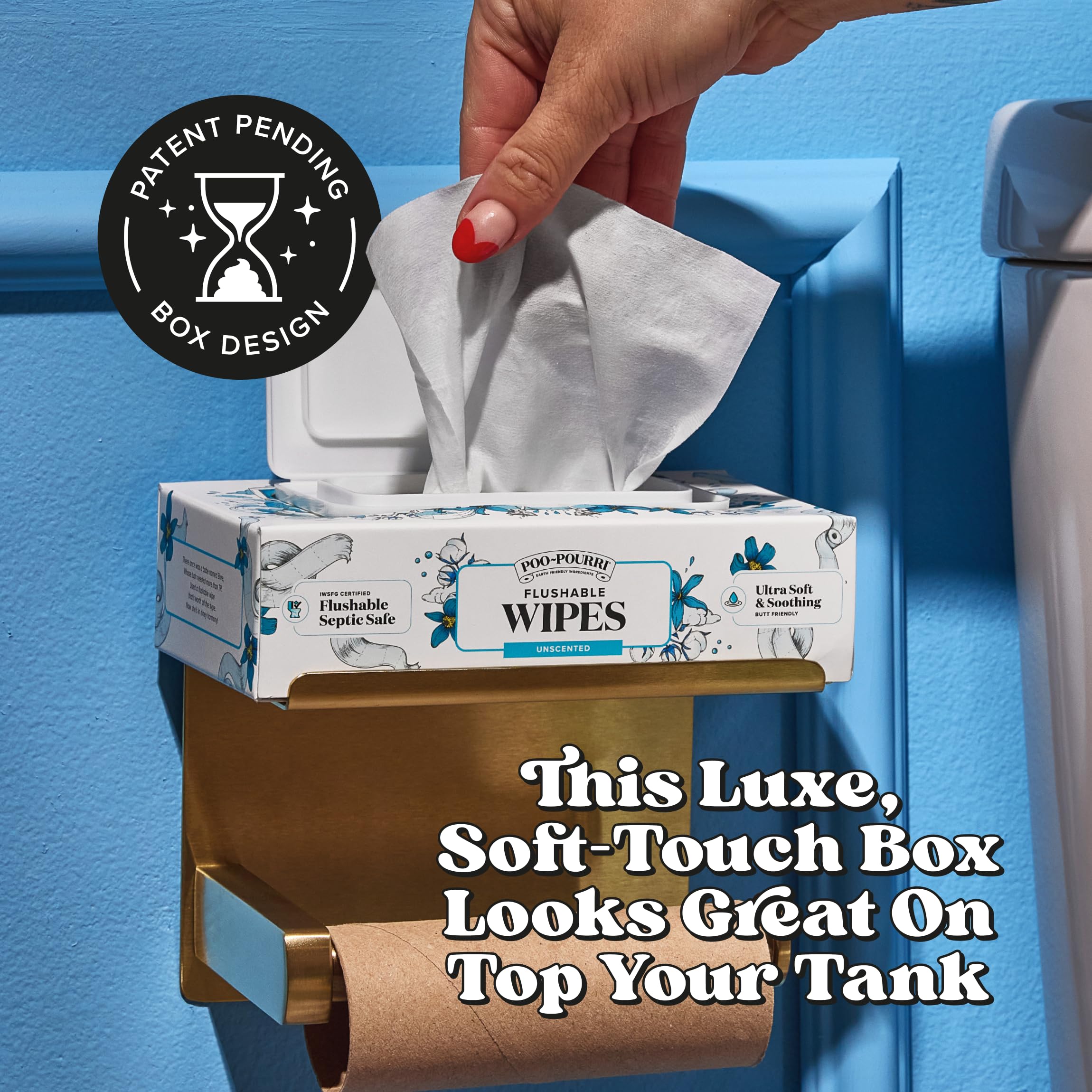 Poo-Pourri flushable wipes vitamin E and oat extract label close-up.