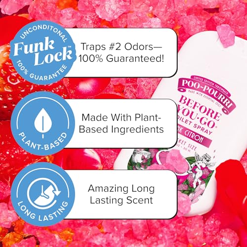Poo-Pourri Pink Citron bottle angled for travel-friendly freshness