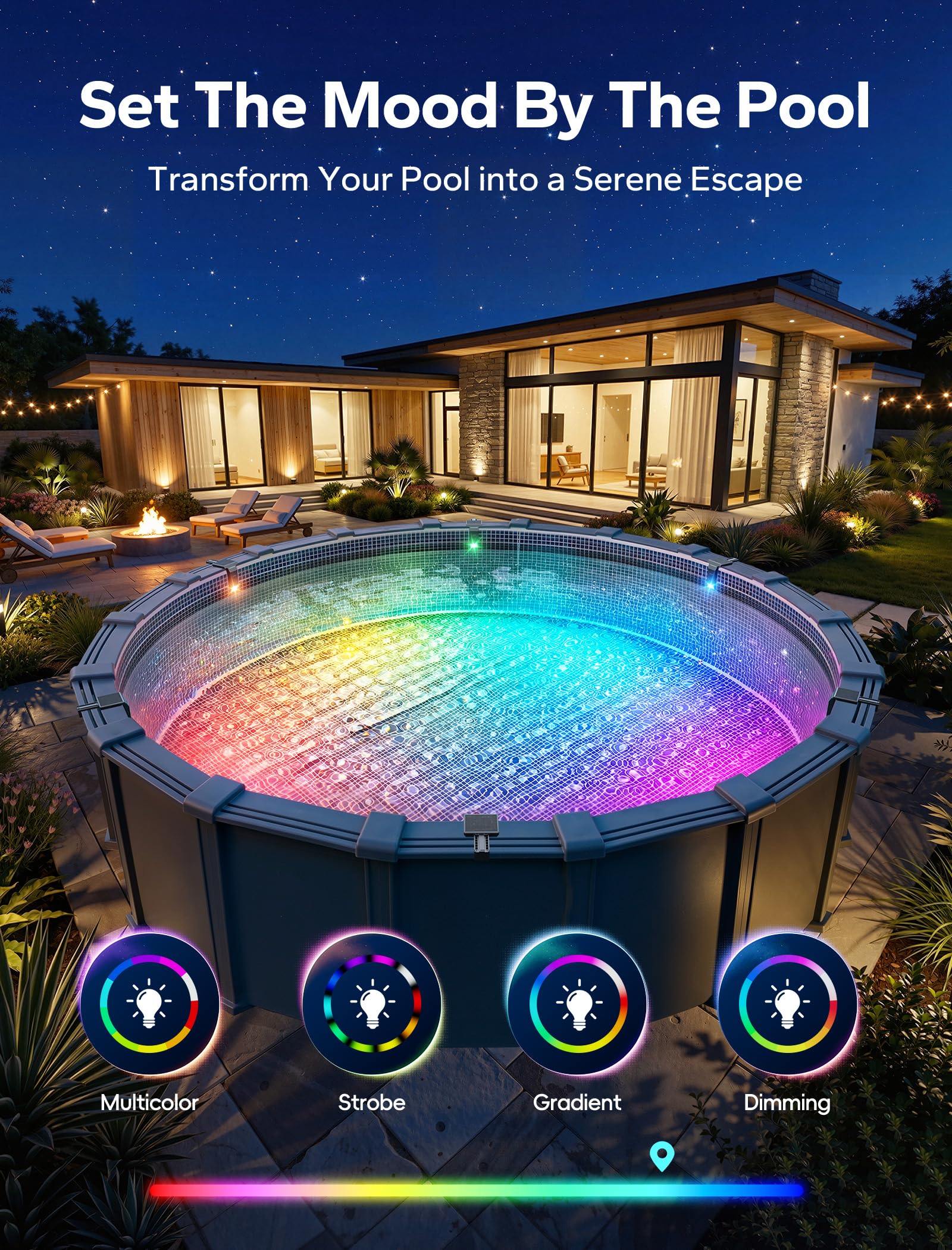 PoolHacker 10-color LED pool light for vibrant nights and mood-enhancing settings.
