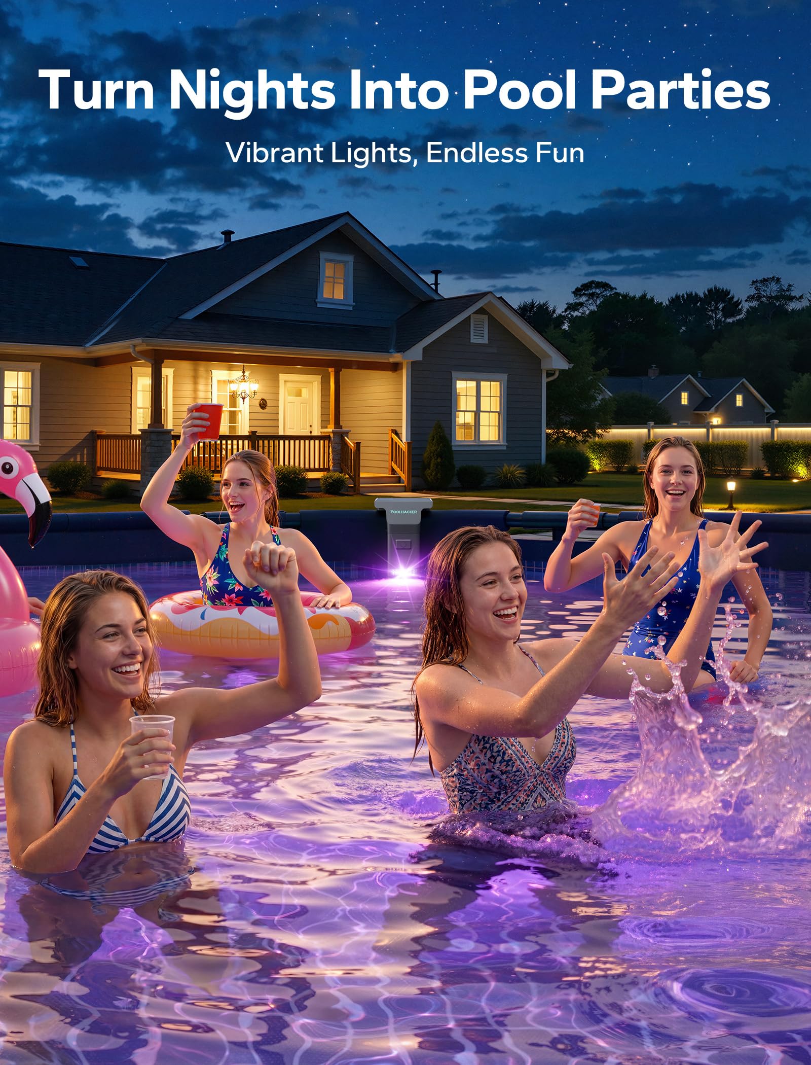 PoolHacker curved diffuser ensures even, soft illumination across water surfaces.