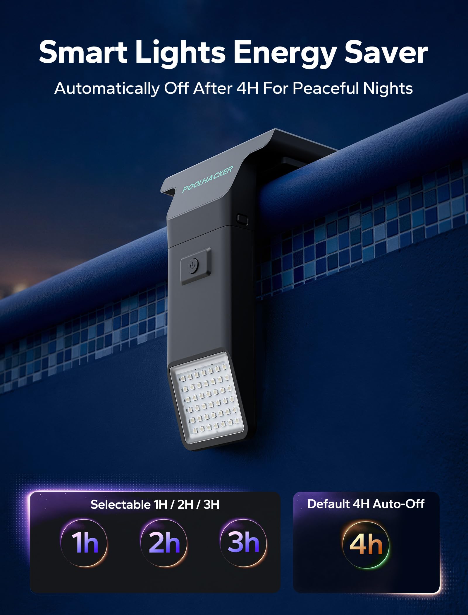 PoolHacker ETFE solar panel powers lights with minimal maintenance.
