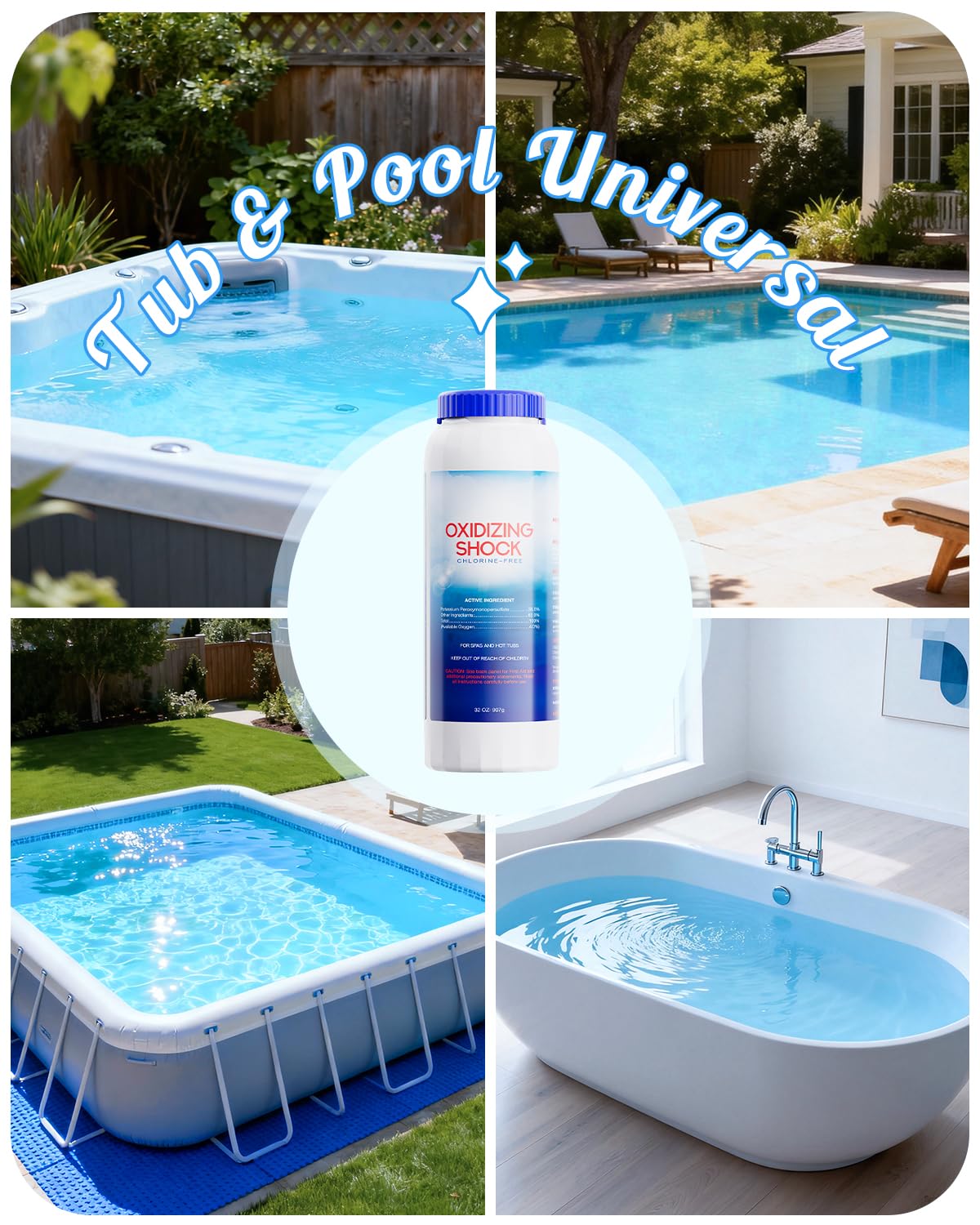POOLHOUR universal compatibility image showing suitability for any spa or pool size
