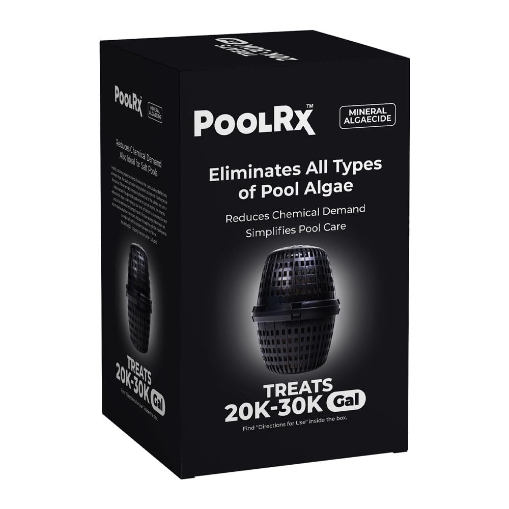 PoolRx black unit in skimmer basket for easy algae control.
