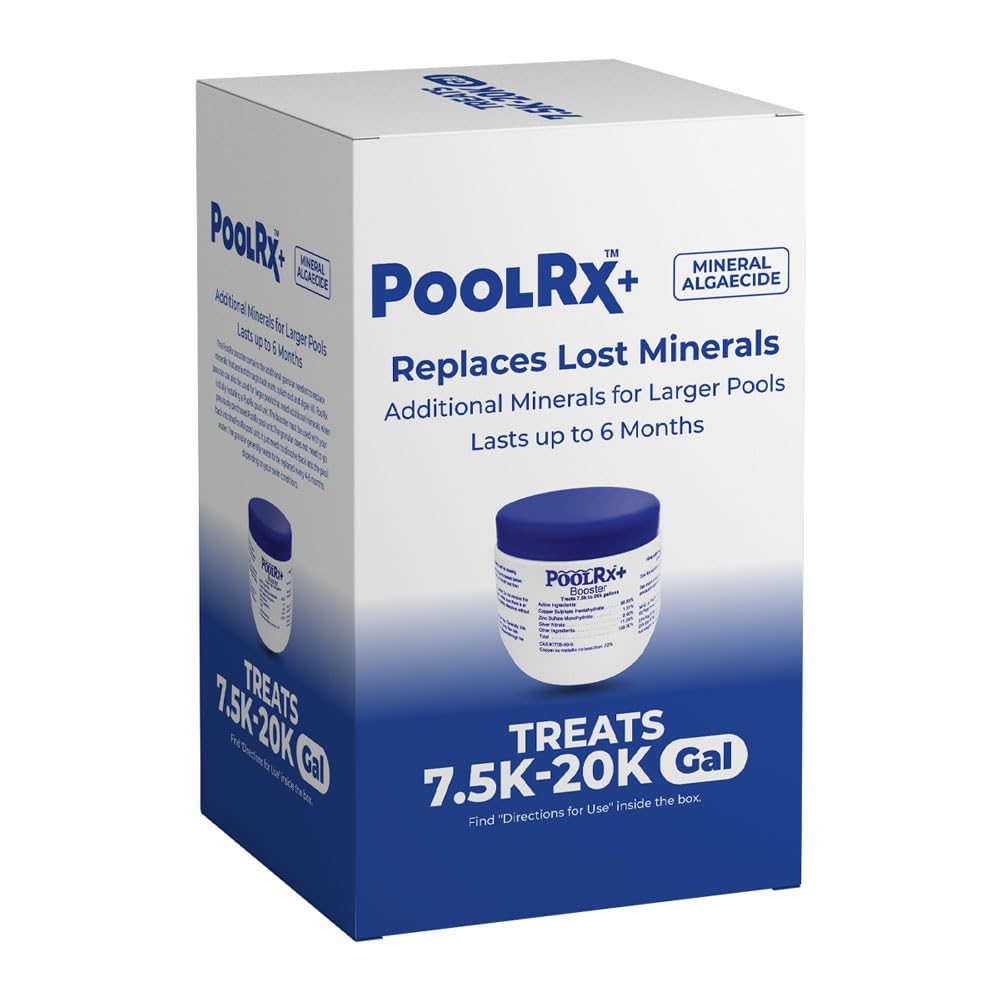 Pool RX+ Booster Blue bottle demonstrates extended algae control for clear pool water.