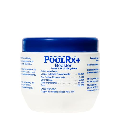 Pool RX label closeup highlights the three active ingredients for algae management.