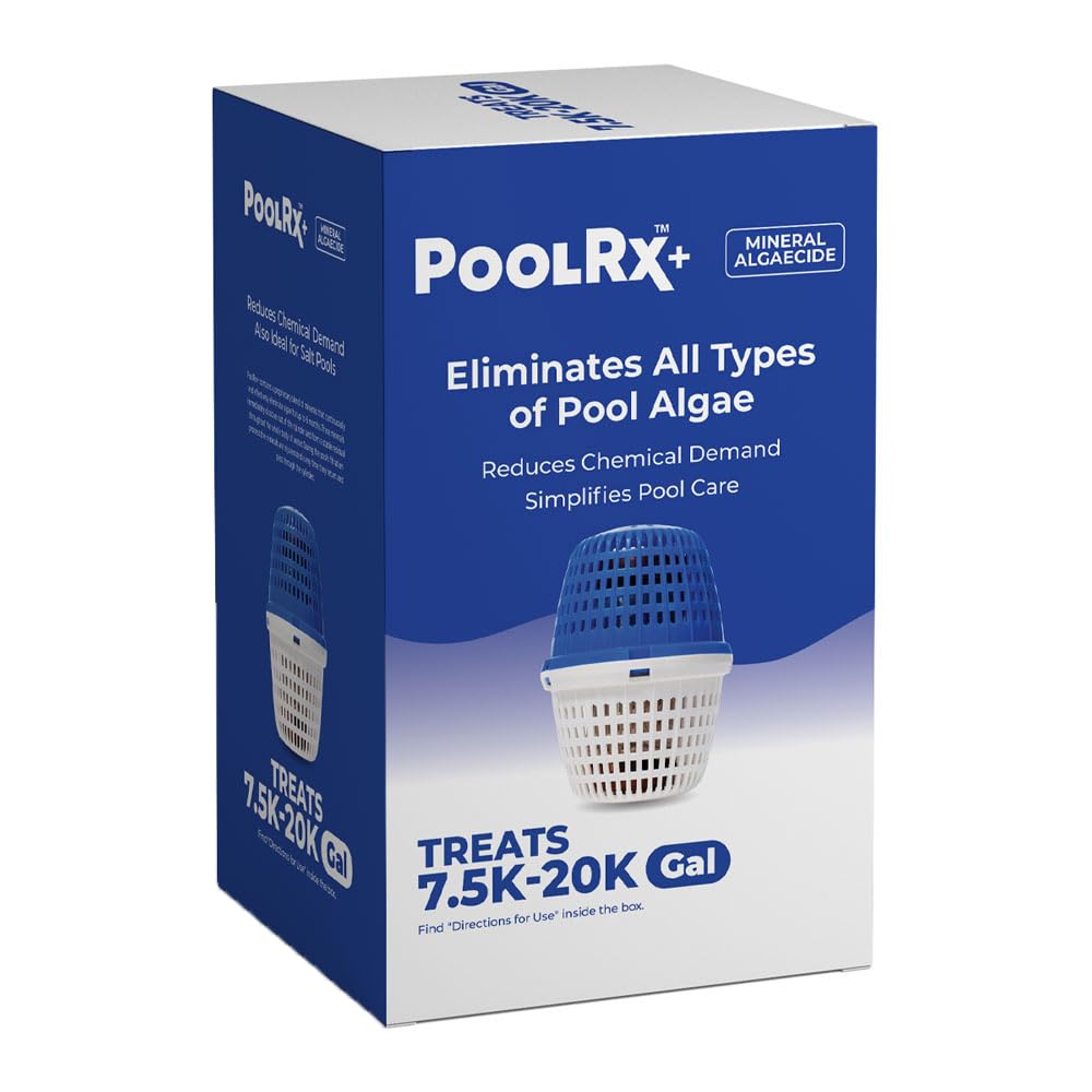 PoolRx+ bottle-front shows the algaecide designed for 7.5k–20k gallon pools and clear water benefits.