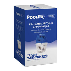 PoolRx+ bottle-front shows the algaecide designed for 7.5k–20k gallon pools and clear water benefits.