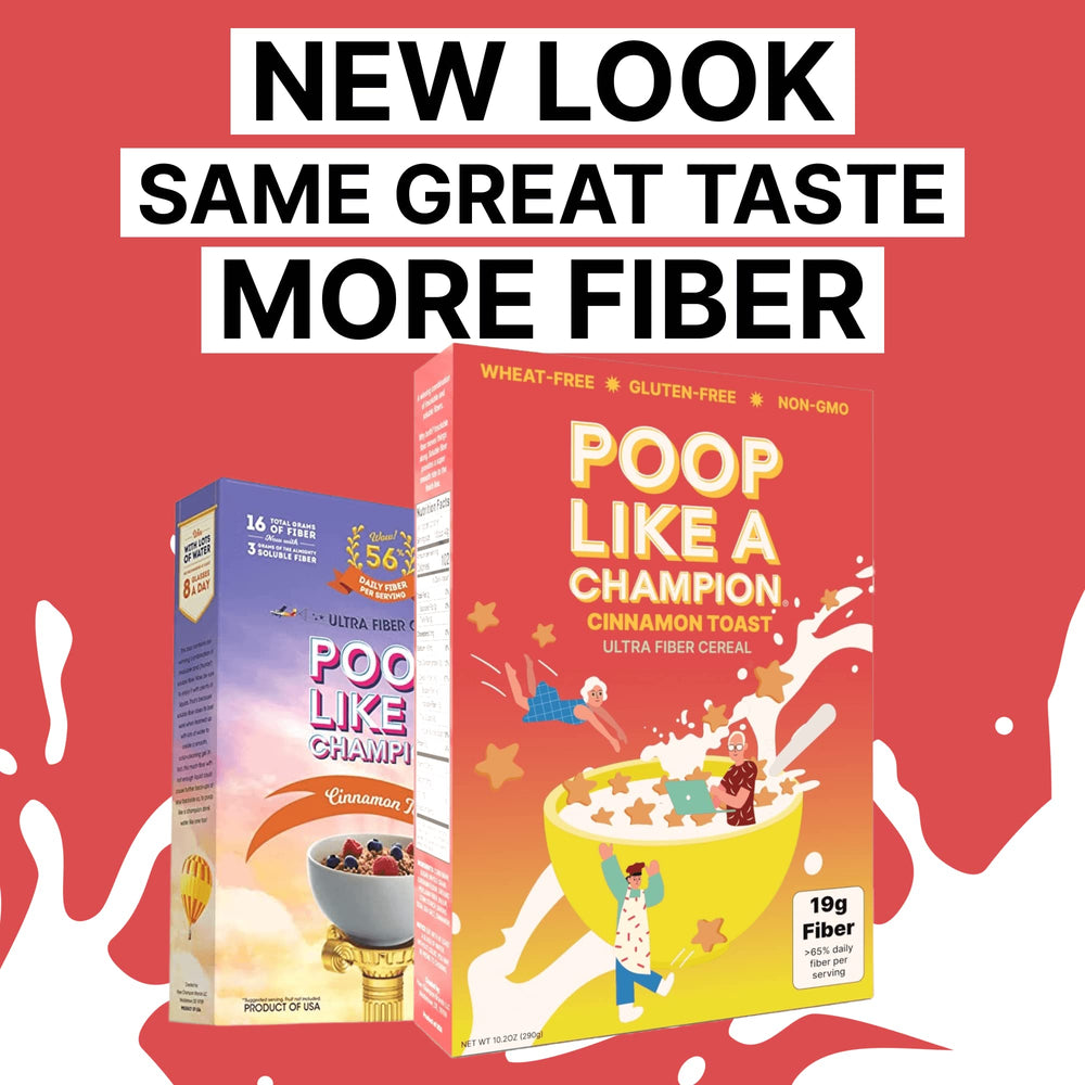 Poop Like a Champion ingredients scene shows sorghum, psyllium, and corn bran for fiber-rich mix
