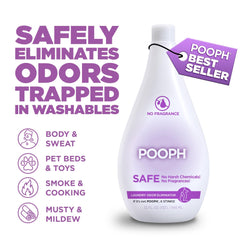 POOPH Laundry bottle being poured into a wash with detergent for odor care.