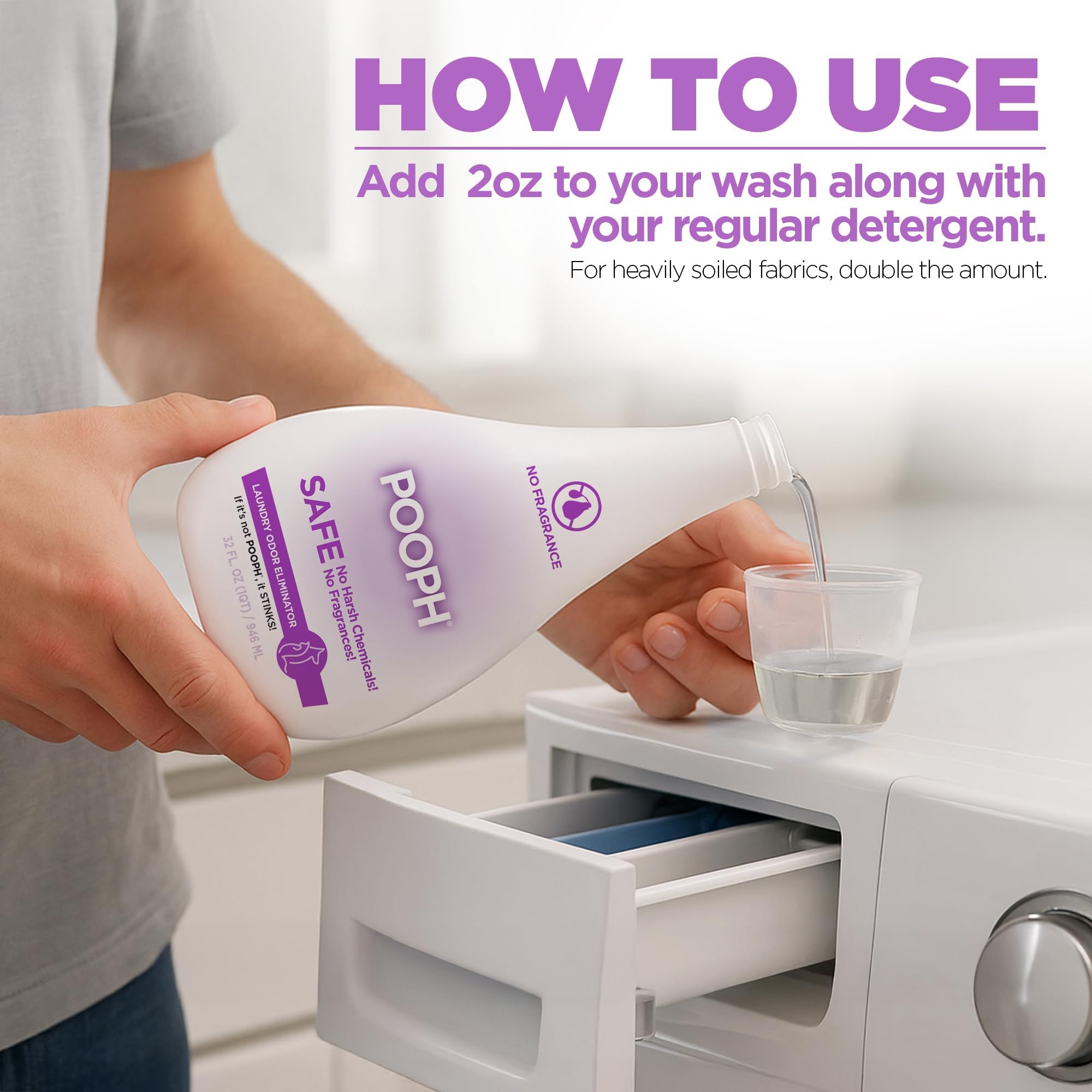 POOPH Laundry label close-up emphasizing fragrance-free, chemical-free odor control.