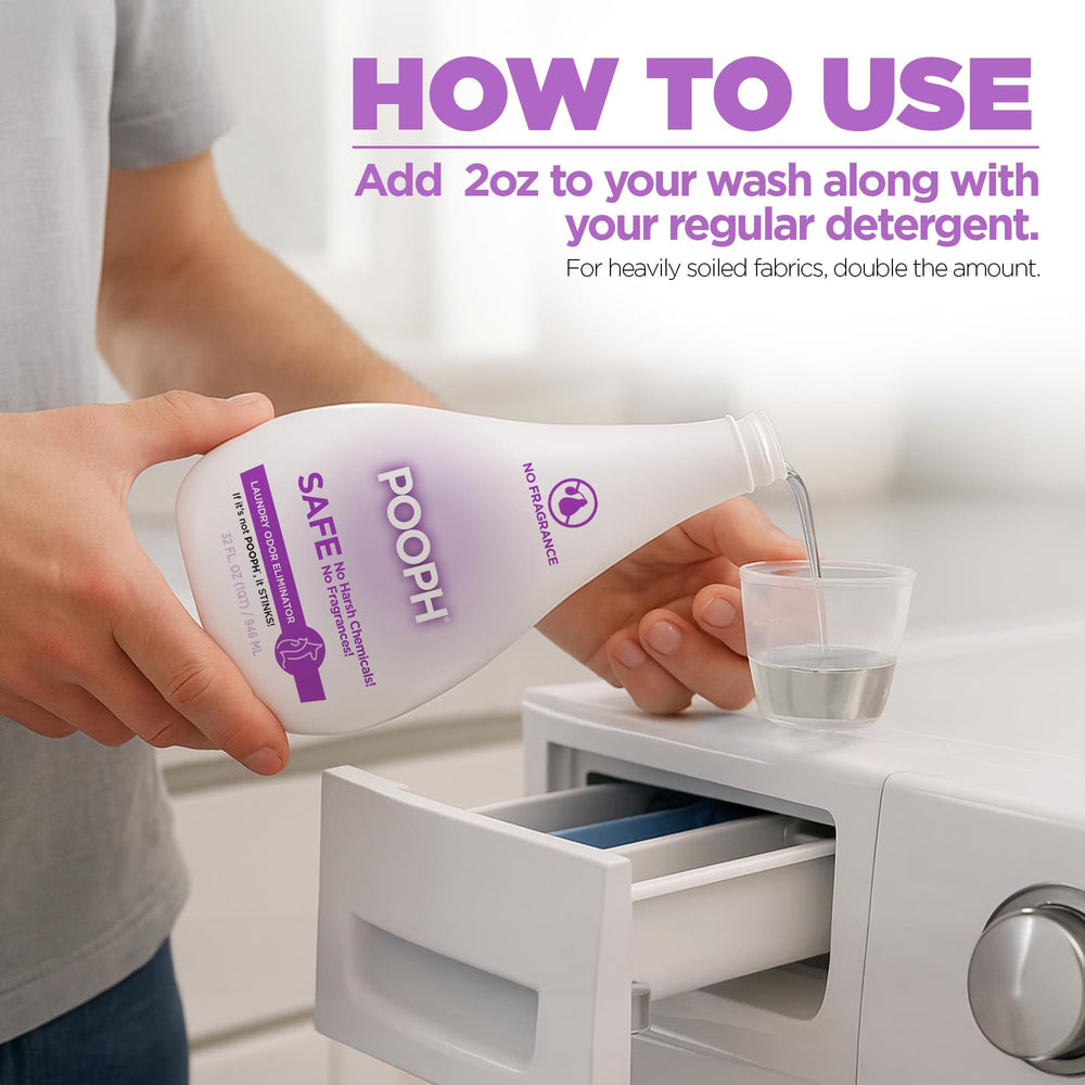 POOPH Laundry label close-up emphasizing fragrance-free, chemical-free odor control.