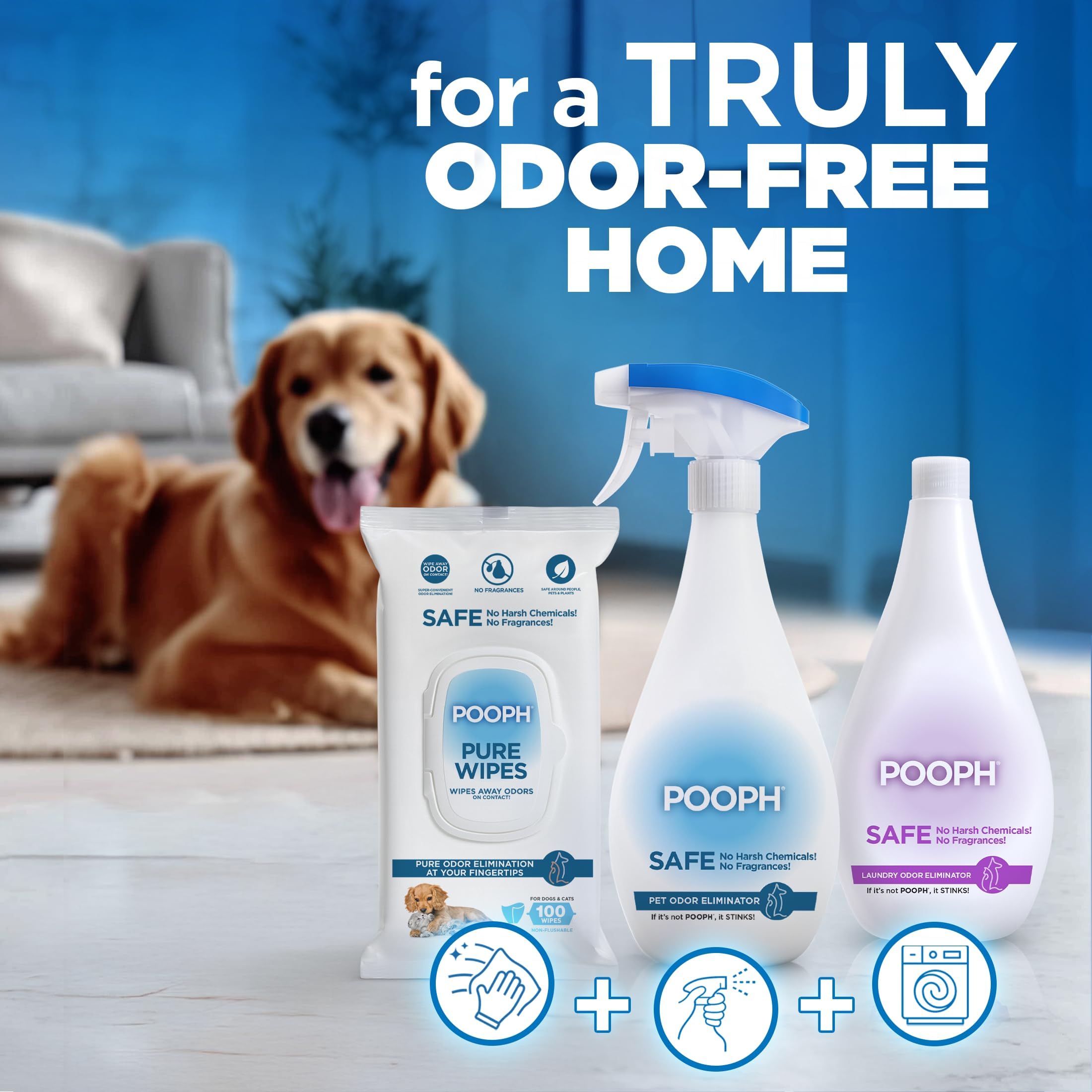 POOPH pet-friendly usage cues showing safe, fragrance-free odor control