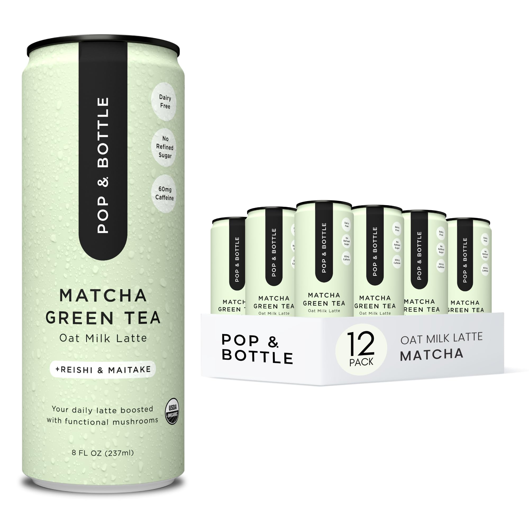 Pop & Bottle matcha reishi oat milk latte can with clean ingredients
