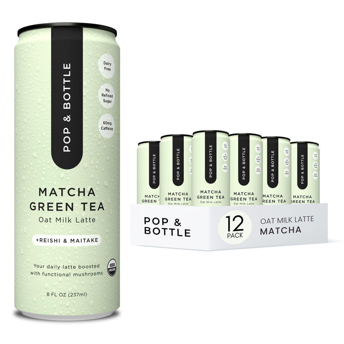 Pop & Bottle matcha reishi oat milk latte can with clean ingredients