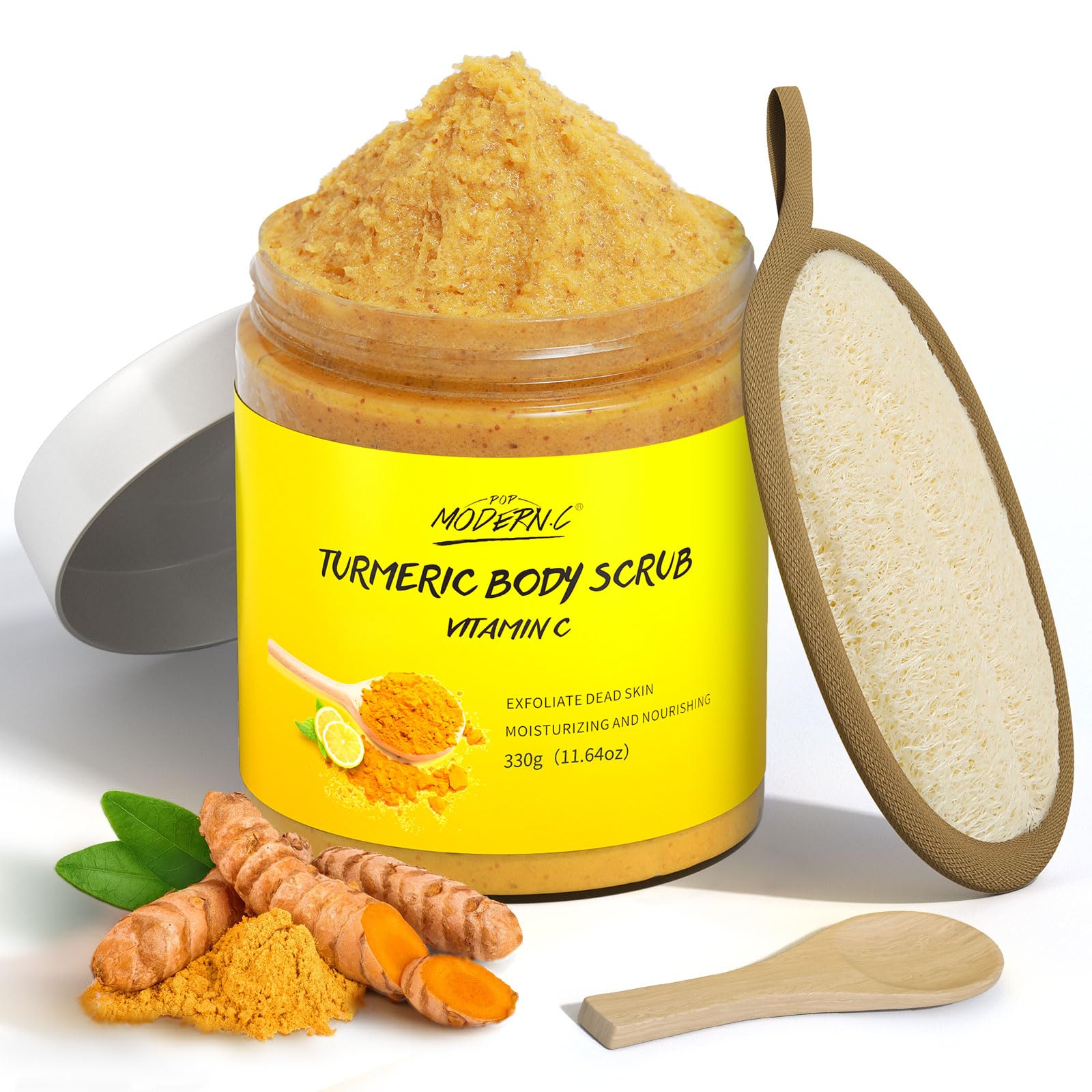 POP MODERN.C Turmeric body scrub bottle for deep exfoliation and smooth skin.