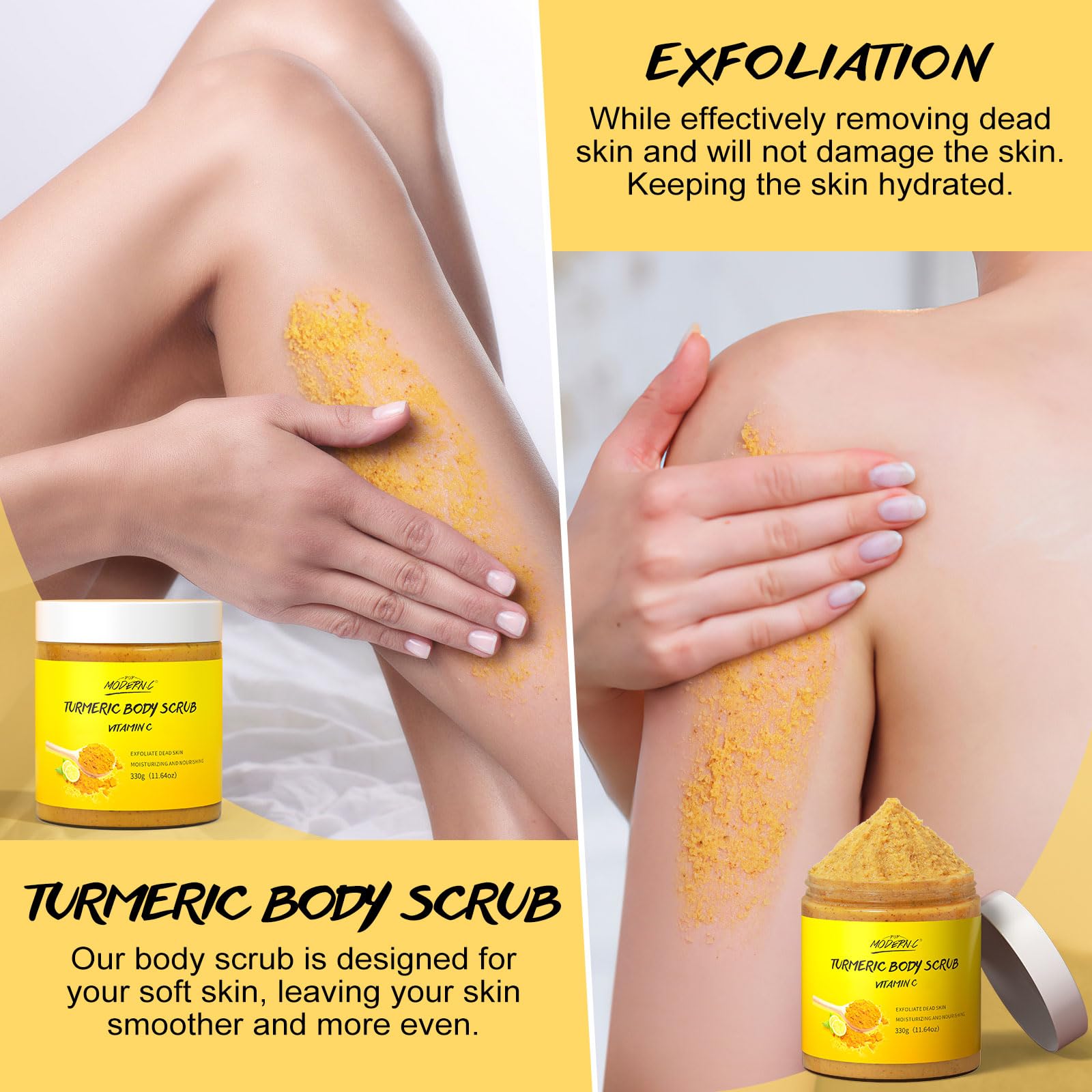 Close-up of turmeric scrub grains showing natural exfoliation for even tone.