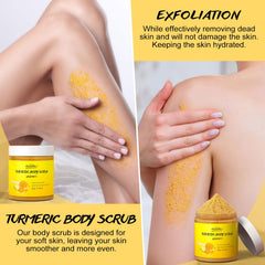 Close-up of turmeric scrub grains showing natural exfoliation for even tone.