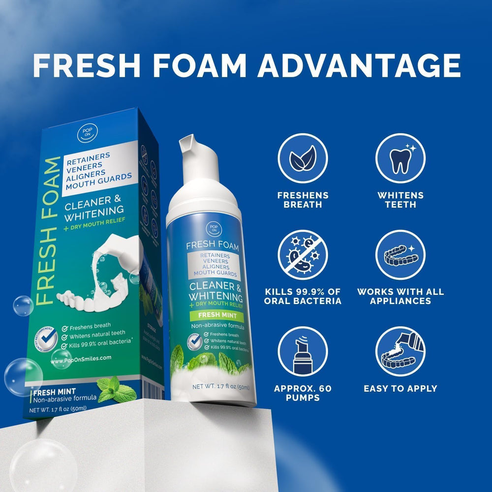 POP ON VENEERS cleaner shown on dentures and veneers for everyday care.