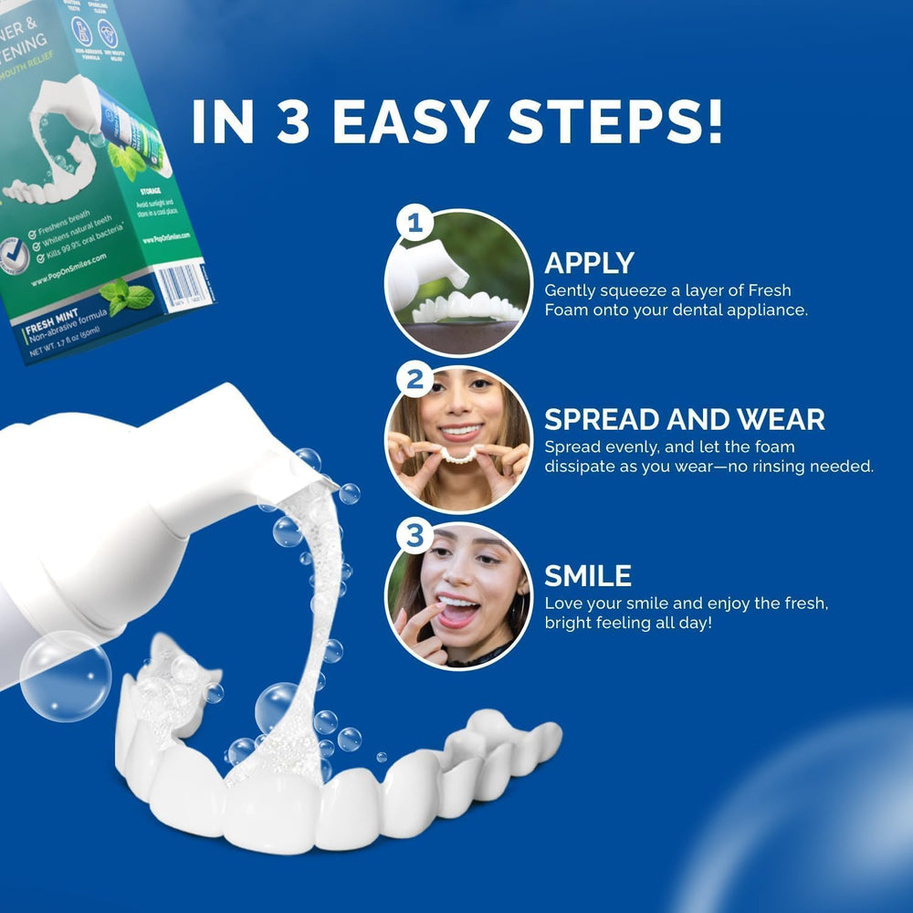 POP ON VENEERS whitening foam applied to a dental appliance for a brighter look.