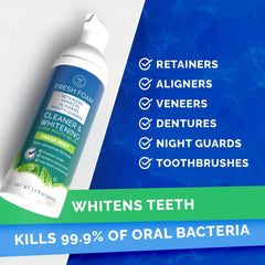 POP ON VENEERS foam close-up highlights gentle whitening action for aligners.