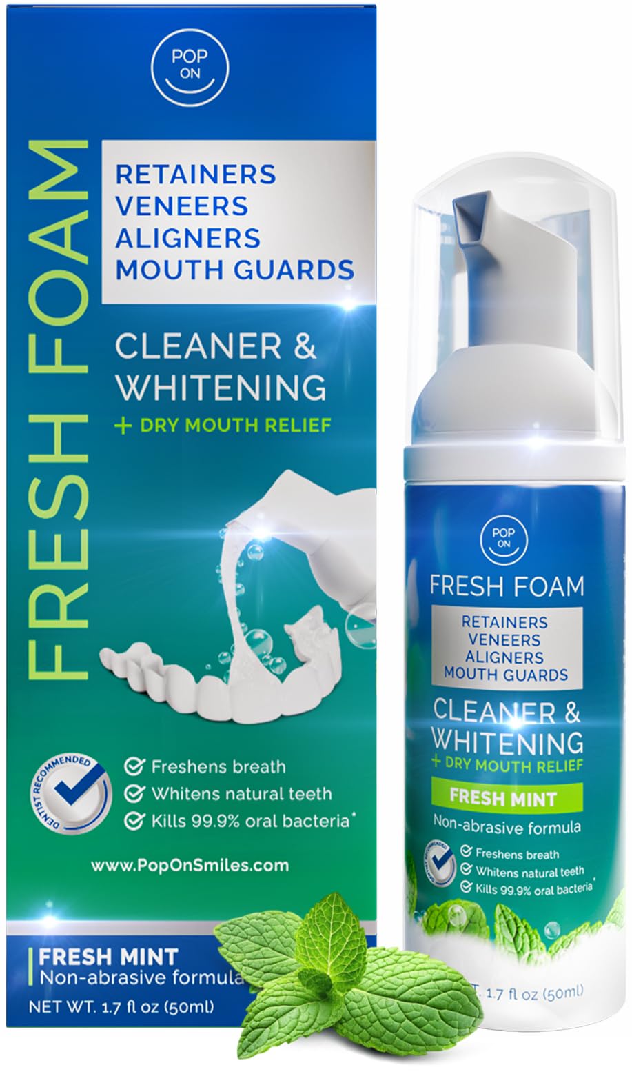 POP ON VENEERS retainer cleaner foam bottle for on-the-go cleansing and fresh breath.