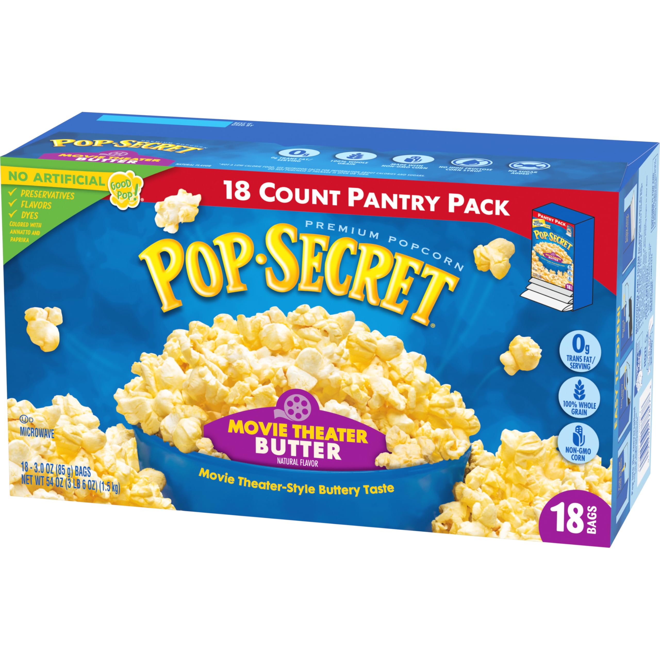 Pop Secret couch cinema experience with buttery aroma and crunch.