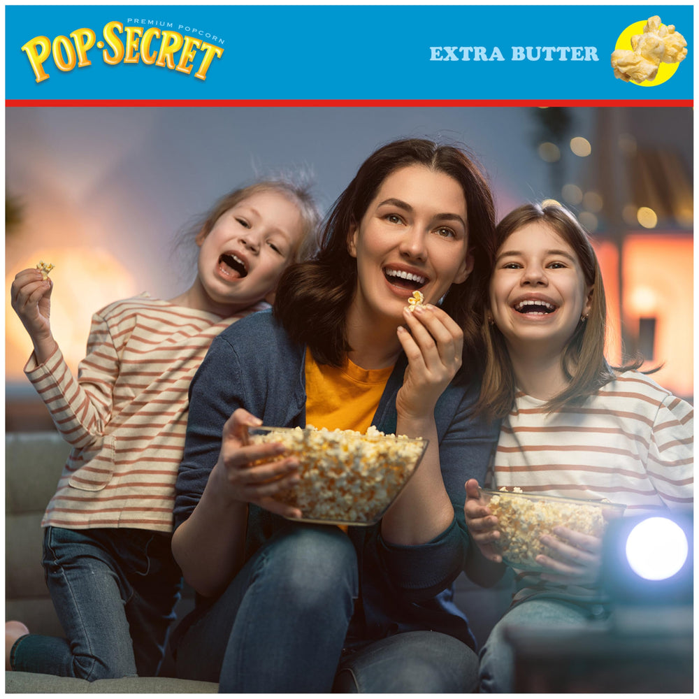 Box of twelve Pop Secret Extra Butter bags ready to share.