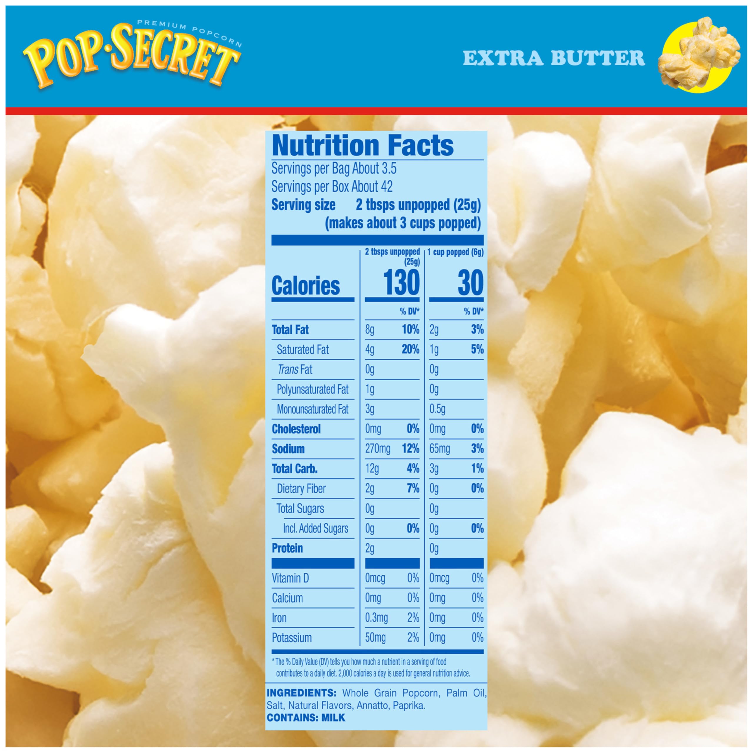 Microwave bag of Pop Secret Extra Butter cooking in the microwave.